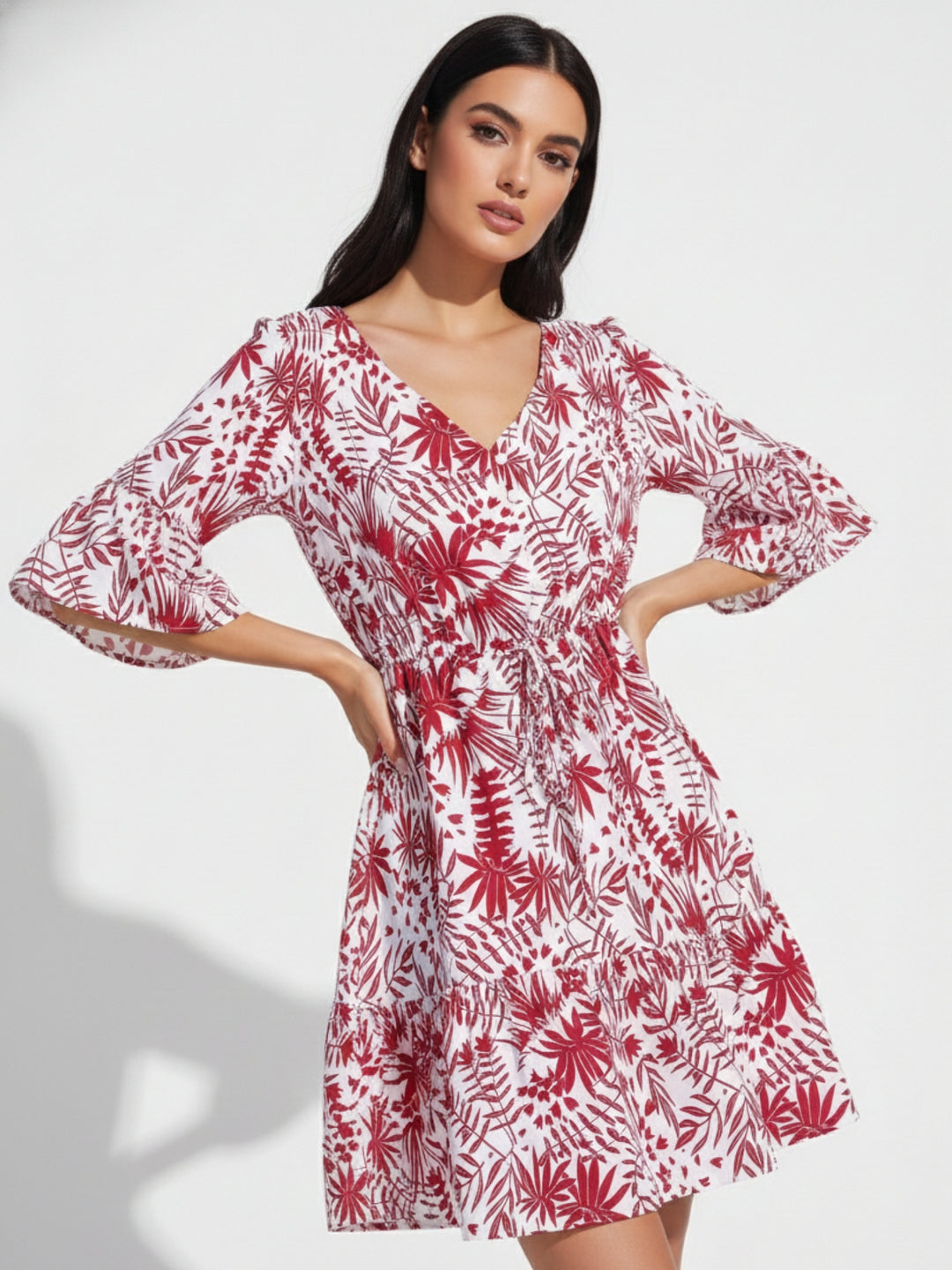 Burgundy Bell Sleeve Waist Fitted Printed Dress