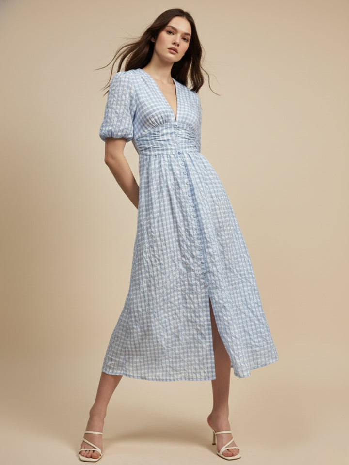 Blue Plunge Neck Puff Sleeved Dress