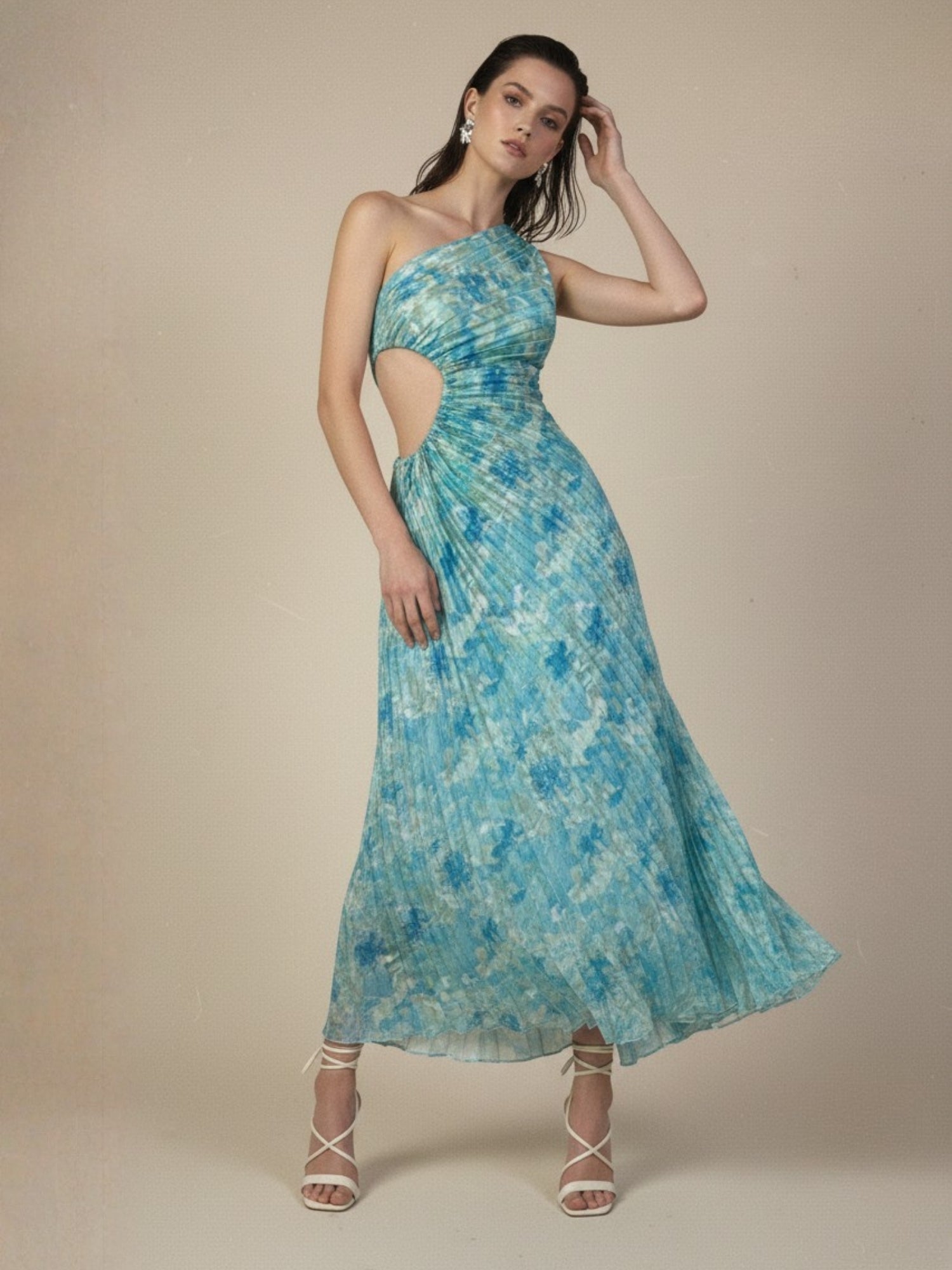 Green One Shoulder Waist Cut-Out Pleated Dress