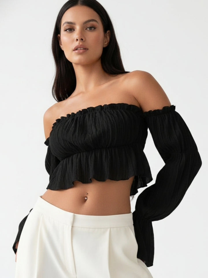 Black Off Shoulder Rufffle Detail Top