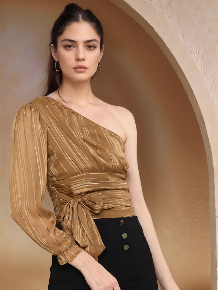 Copper One Shoulder Waist Tie-Up Top