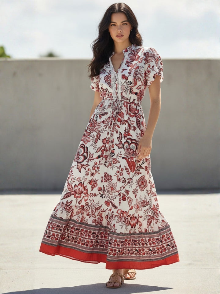 Red Short Sleeve Waist Tie-Up Printed Dress