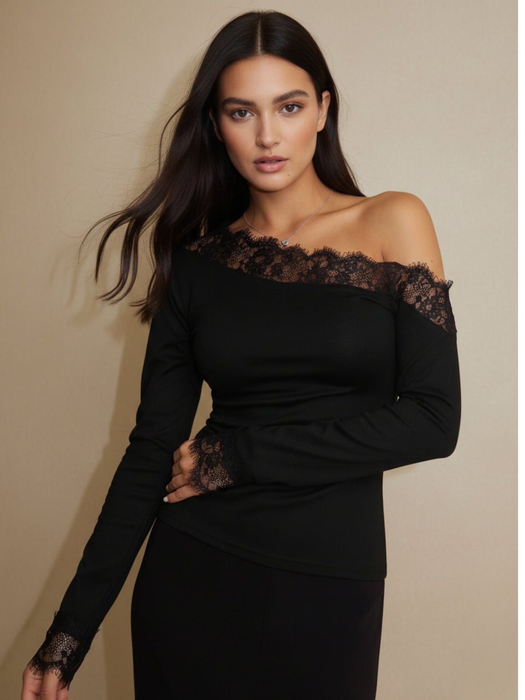 Black One Shoulder Lace Detail Top