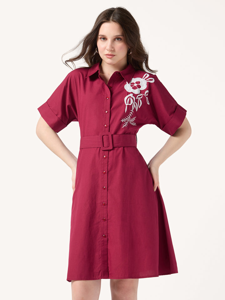 Wine Shirt Dress With Print And Belt Detail