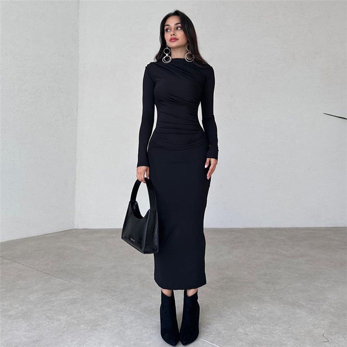 Solid Black Long Sleeve Bodycon Dress