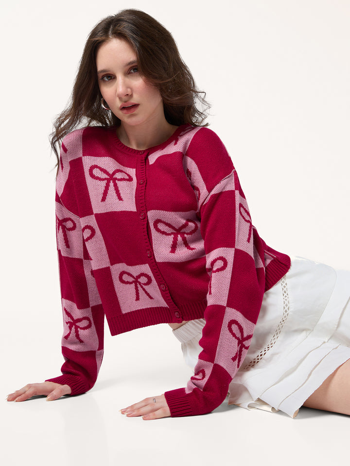 Red Colour Blocked Check With Graphic Bows Cardigan