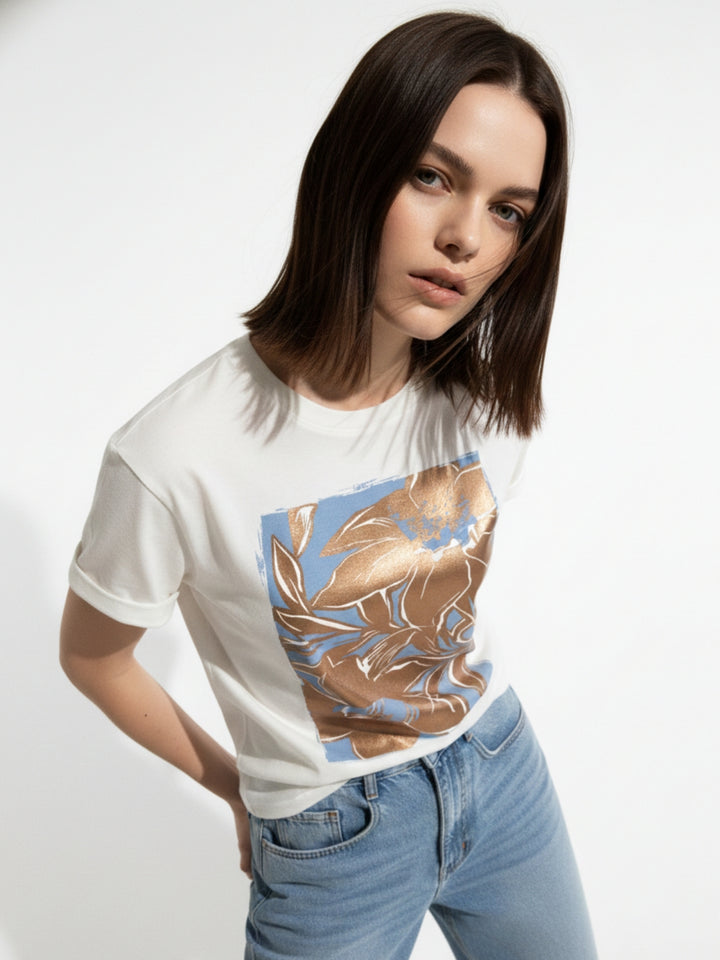 White Foil Printed Graphic T-Shirt