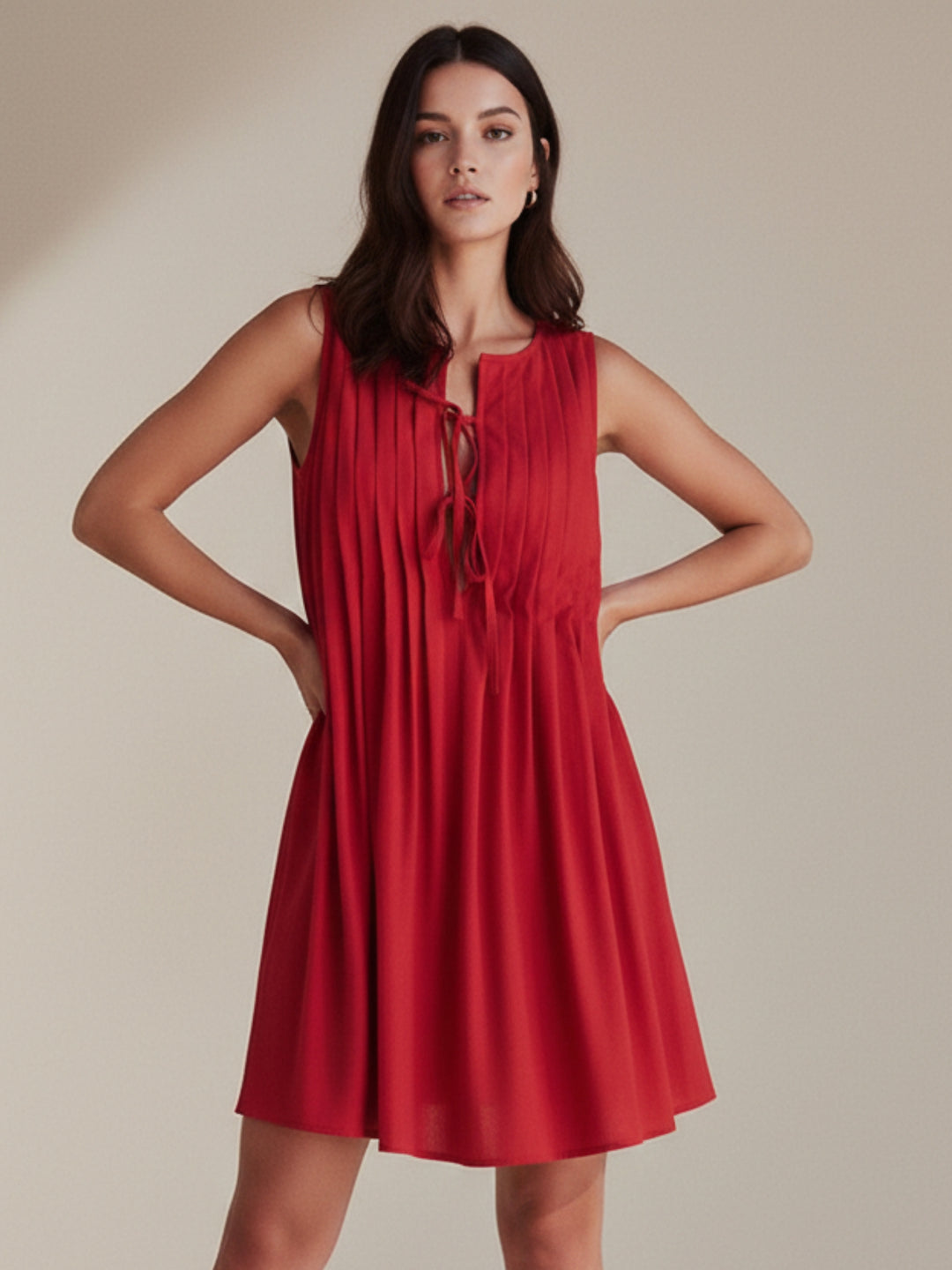 Red Sleeveless Front Tie-Up Dress
