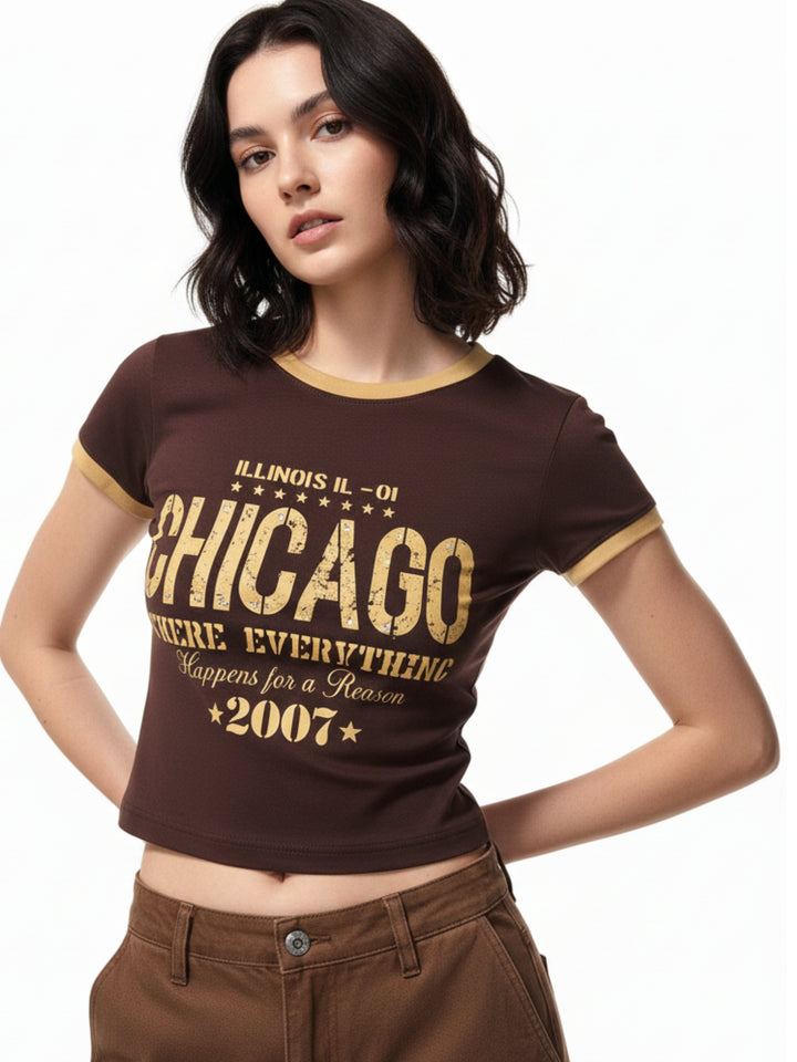 Brown Fitted Studded Printed Graphic T-Shirt