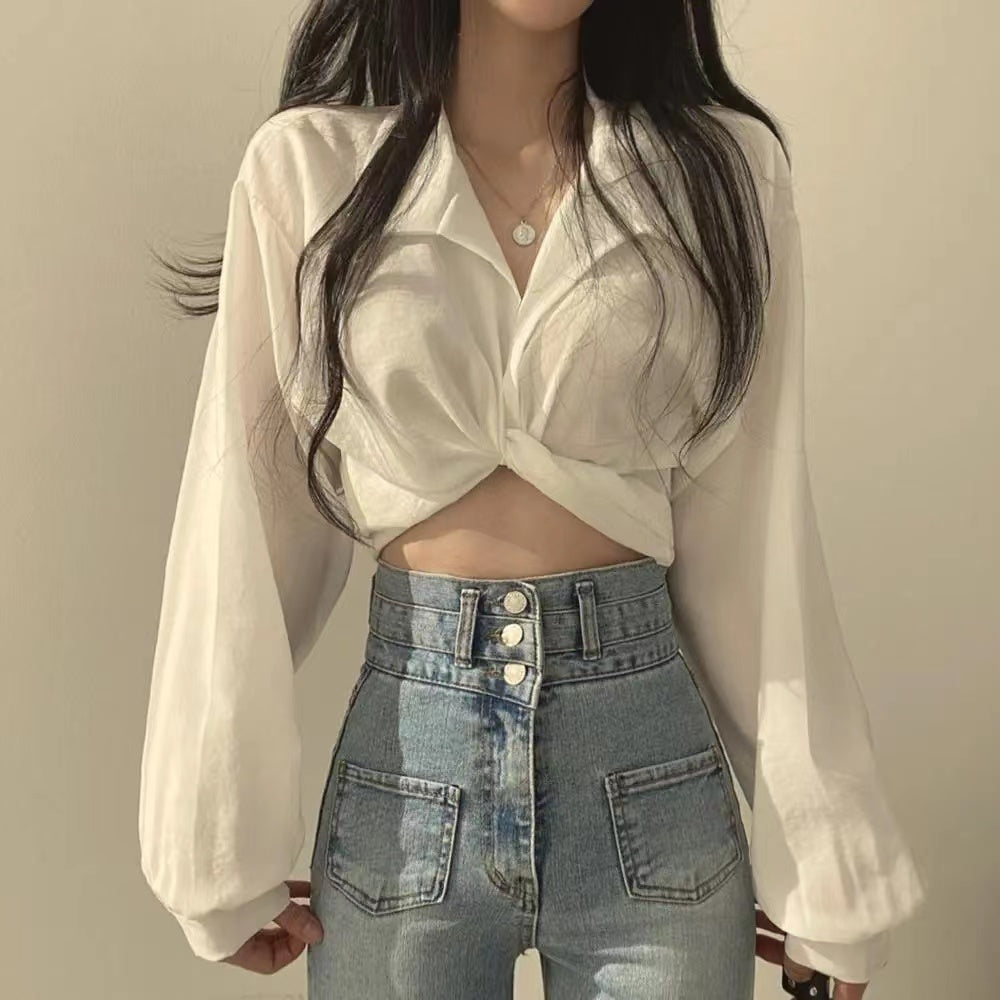 White Knotted Puff Sleeved Shirt