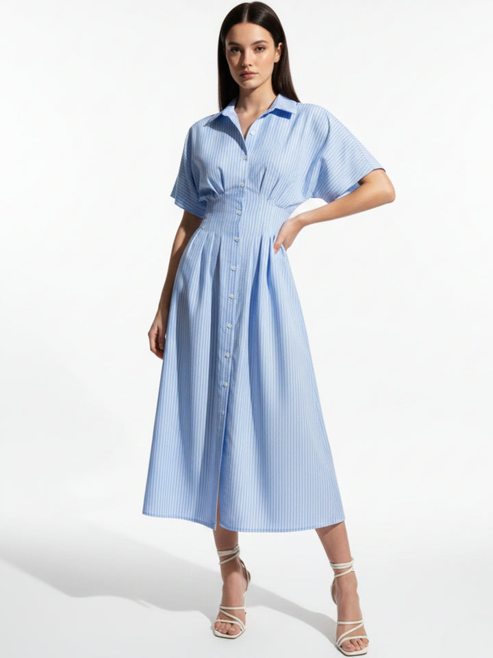 Blue Waist Fitted Collared Dress