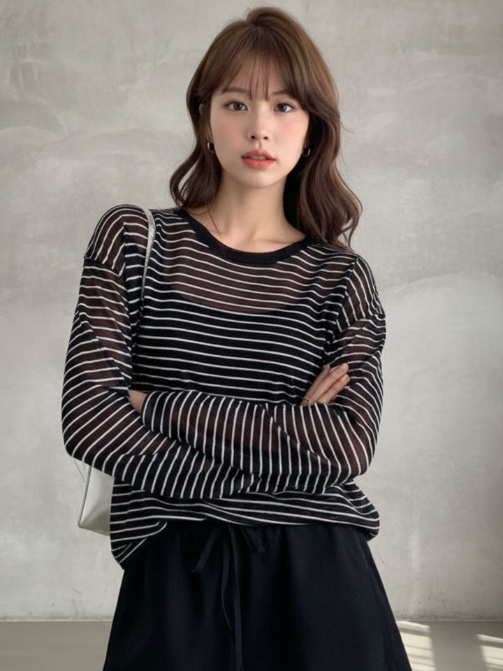 Black Full Sleeve Striped Relaxed Round Neck T Shirt