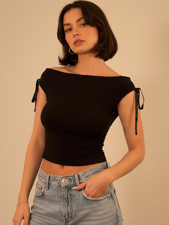 Black Off Shoulder Tie-Up Top