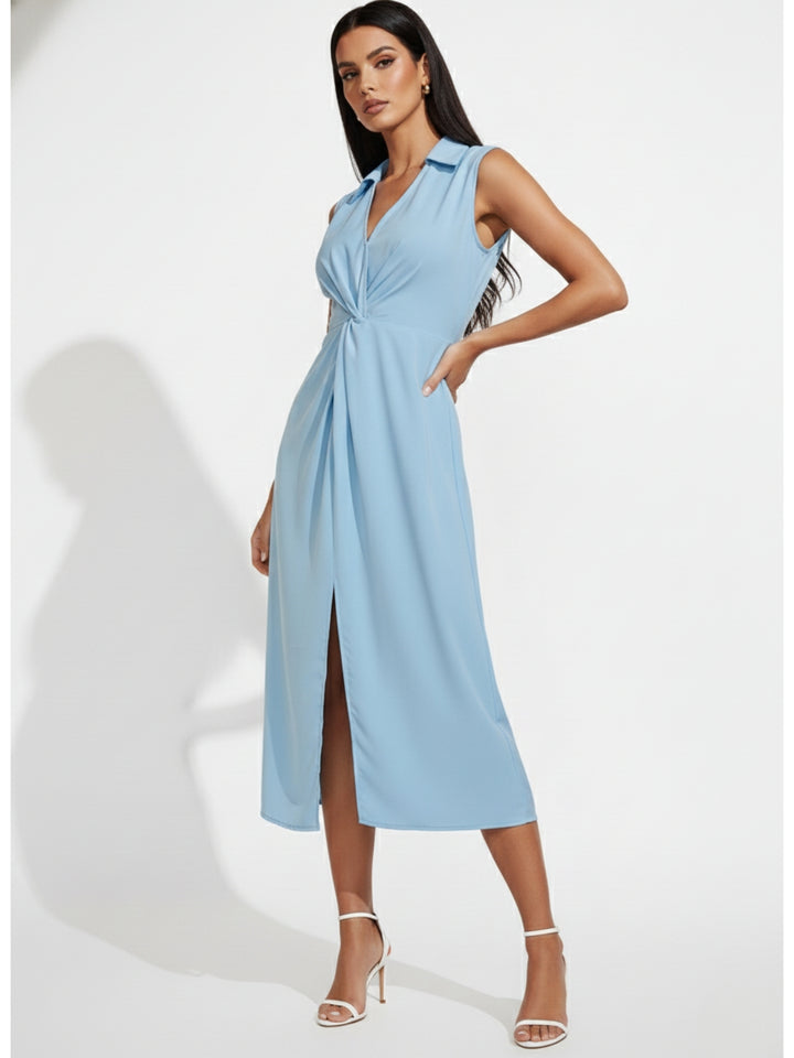 Light Blue Sleeveless Collared Slit Dress