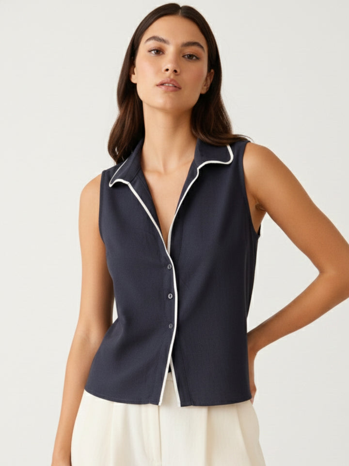 Navy Blue Sleeveless Contrast Piping Shirt