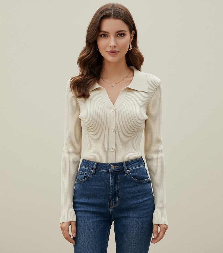 Cream Collared Knit Top