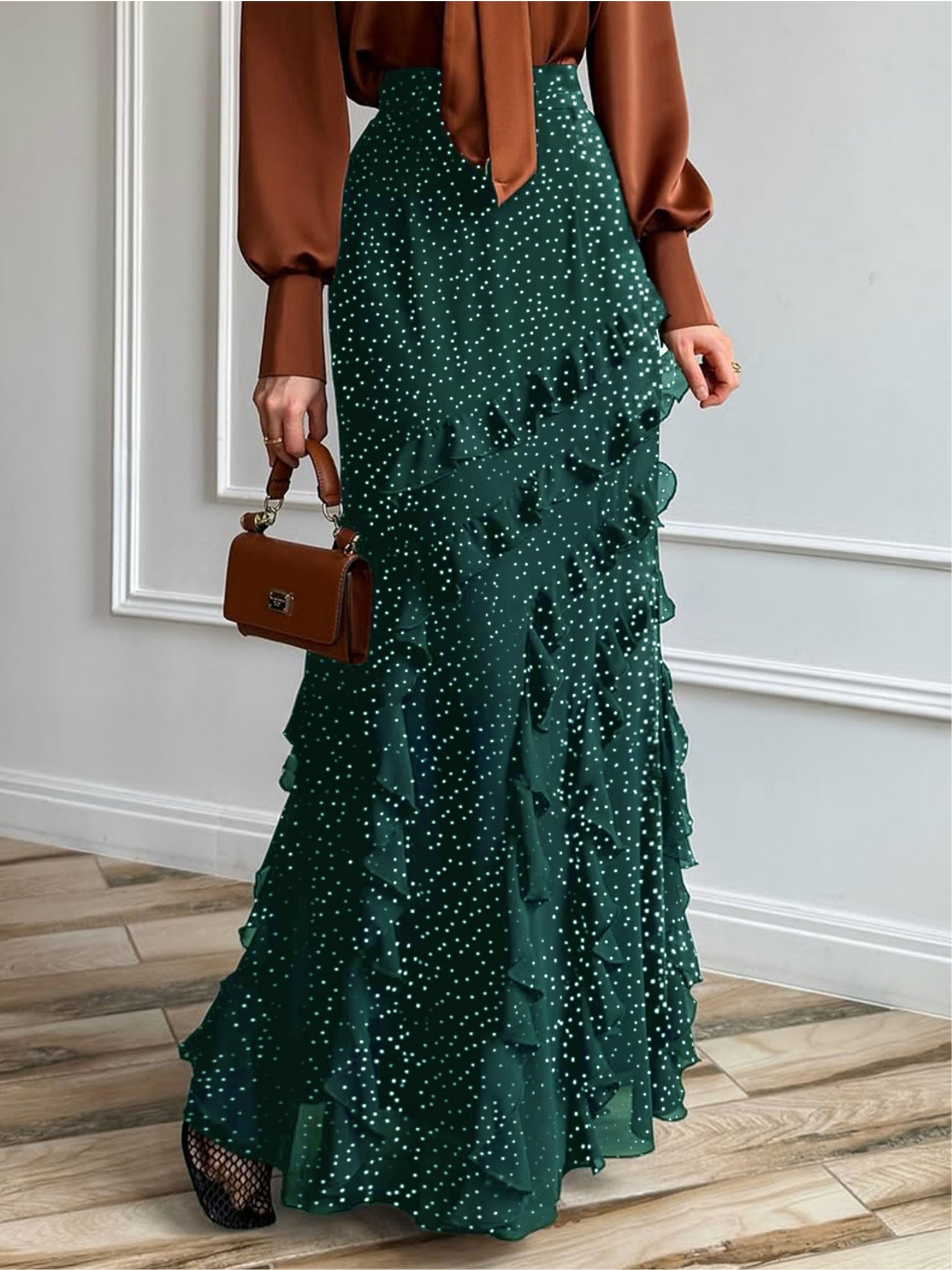 Green Tiered Maxi Skirt With Ruffles Detailing