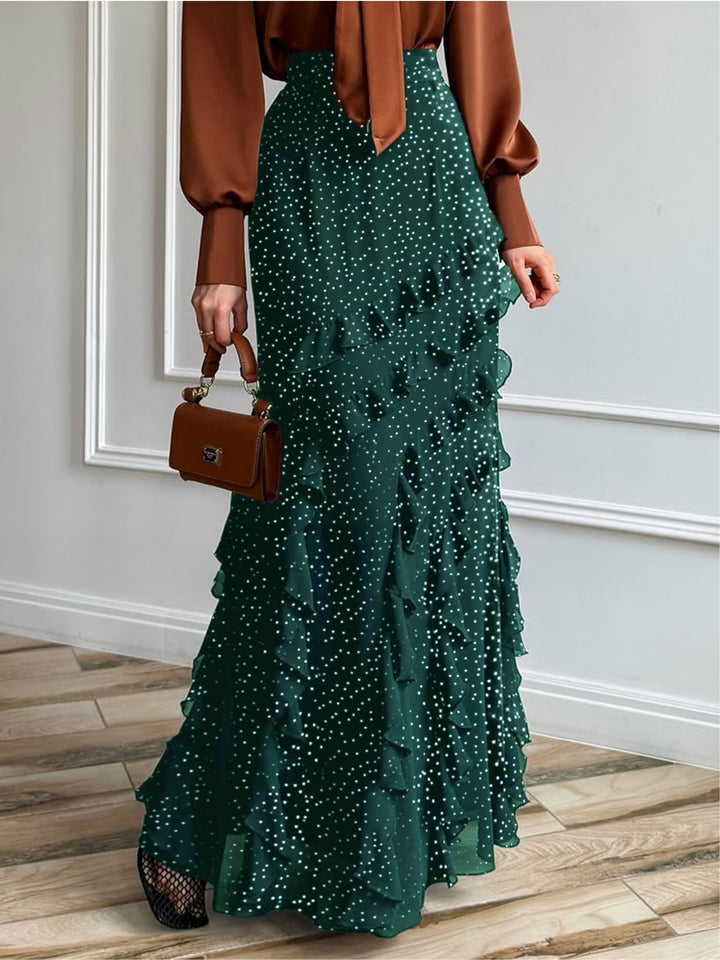 Green Tiered Maxi Skirt With Ruffles Detailing