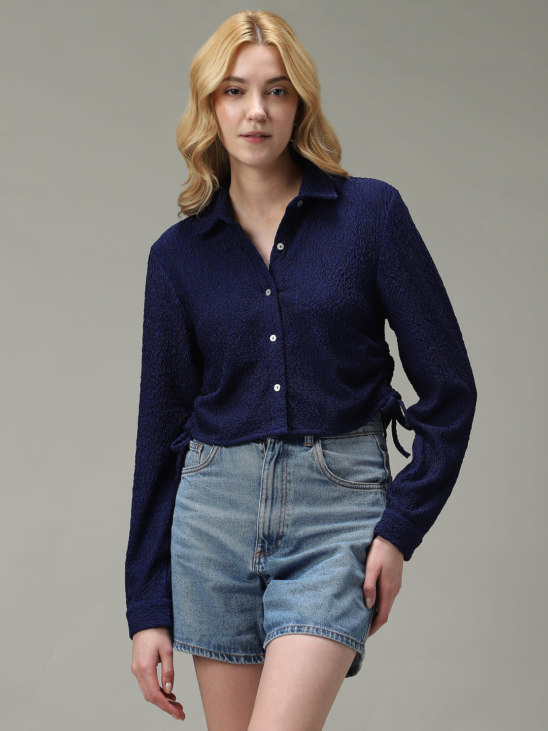 Navy Blue Textured Crop Shirt