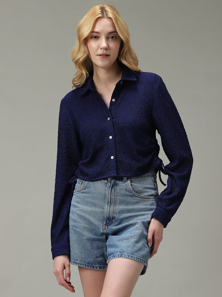Navy Blue Textured Crop Shirt