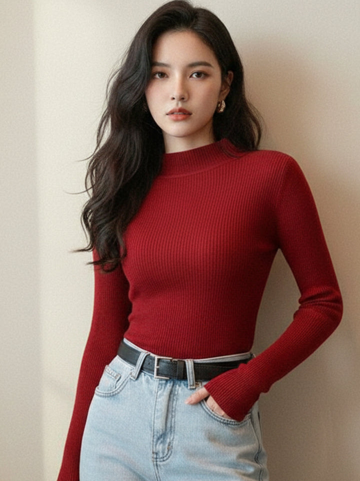 Red High Neck Flat Knit Top