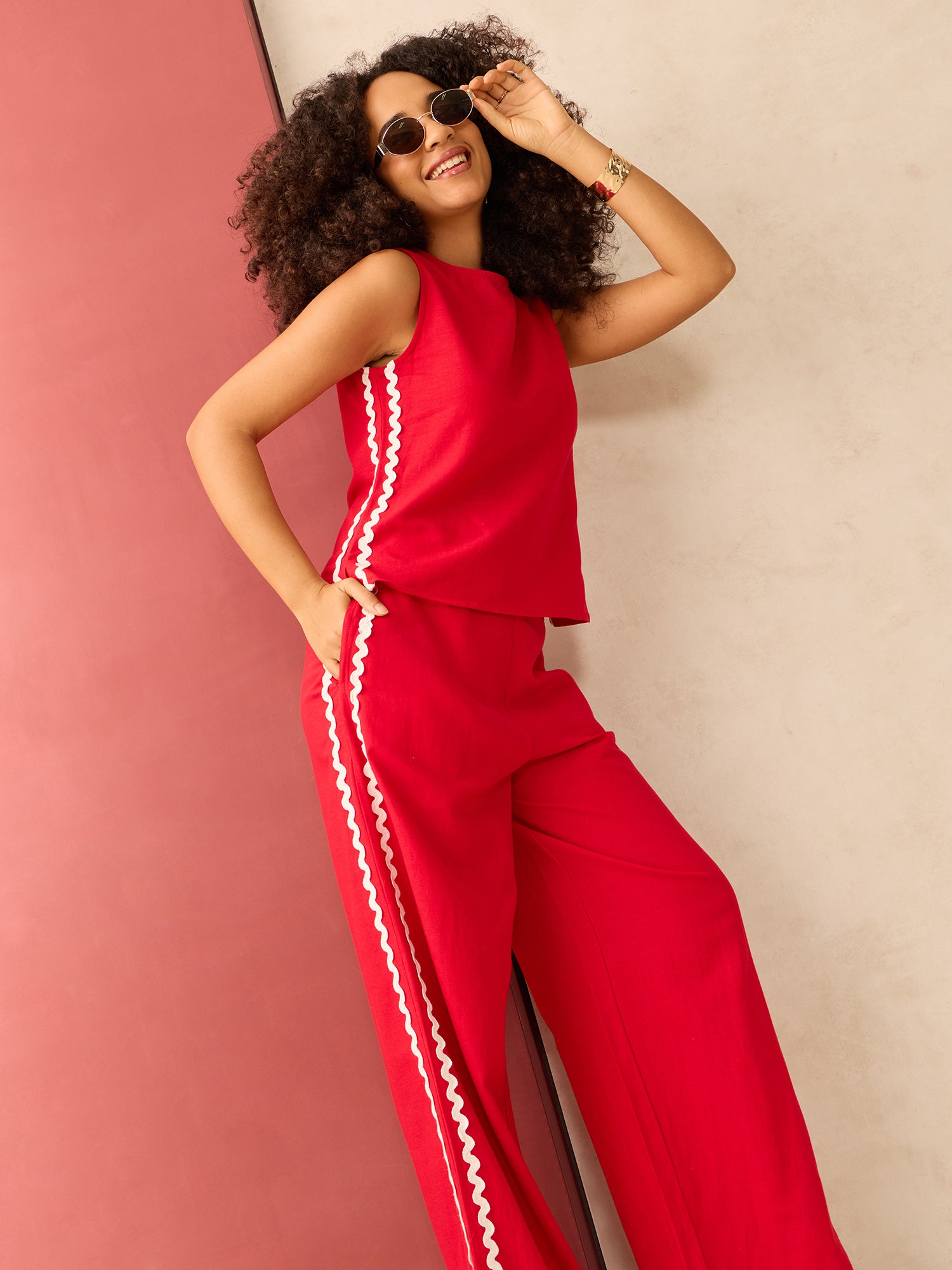 Red Sleeveless Shirt And Loose Pants Co-Ords Set