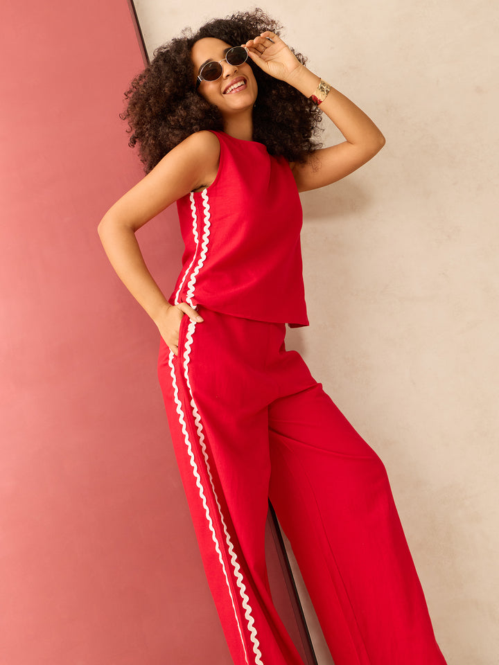 Red Sleeveless Shirt And Loose Pants Co-Ords Set