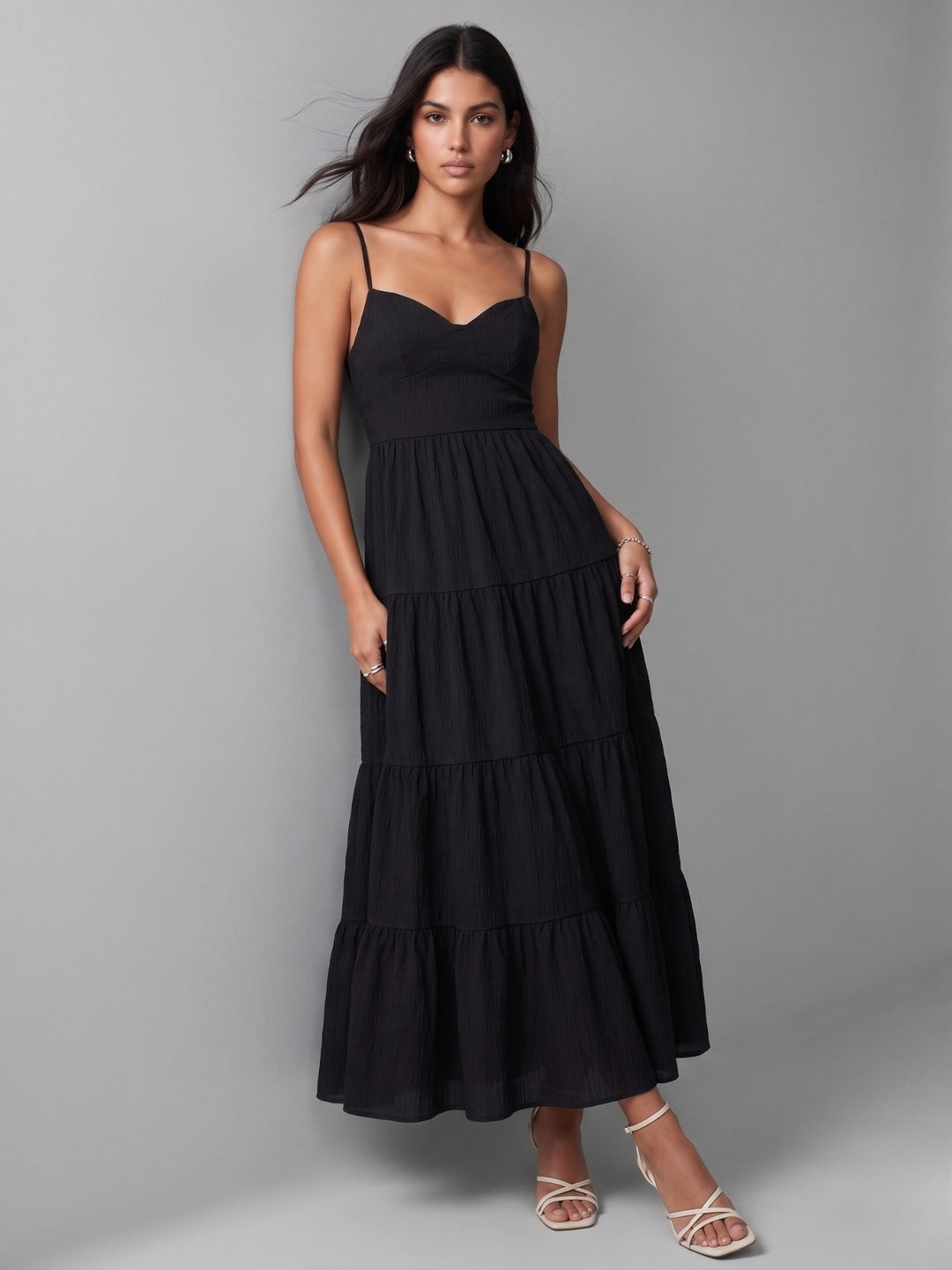 Black Shoulder Strap Back Bow Tiered Dress