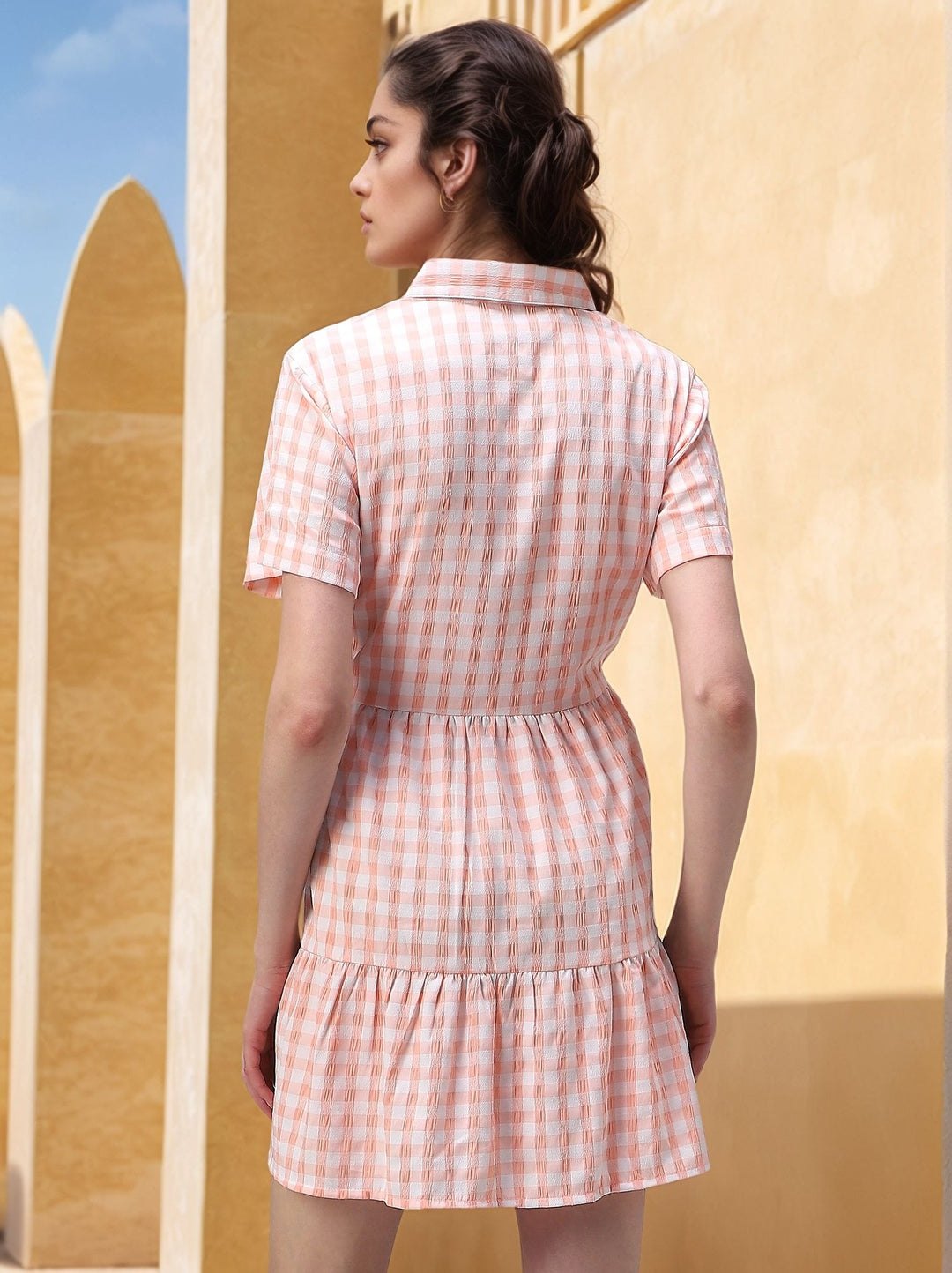 Peach Checkered Tiered Dress