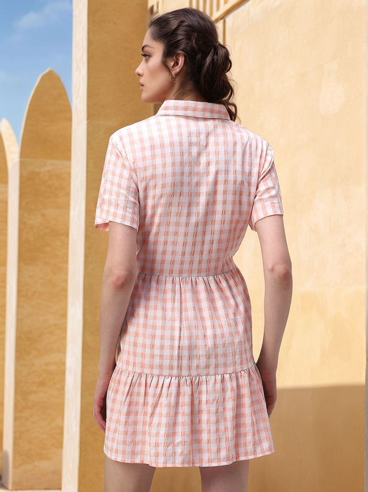 Peach Checkered Tiered Dress