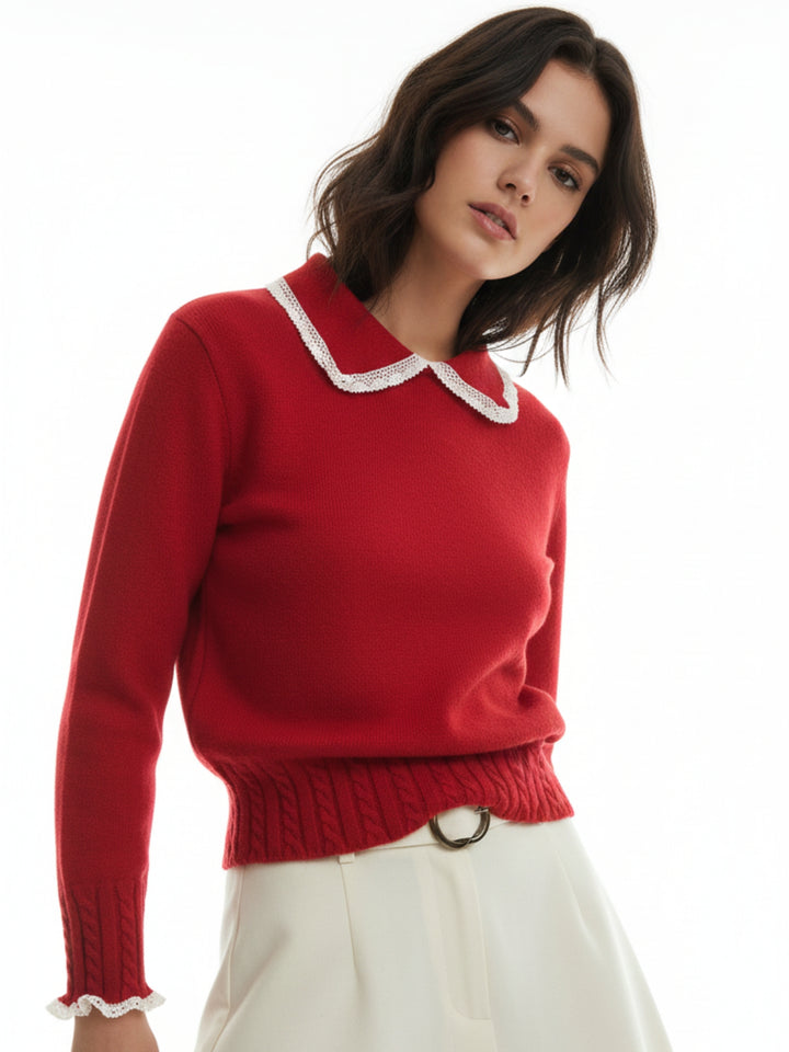 Red Puff Sleeve Collared Neck Lace Trim Sweater