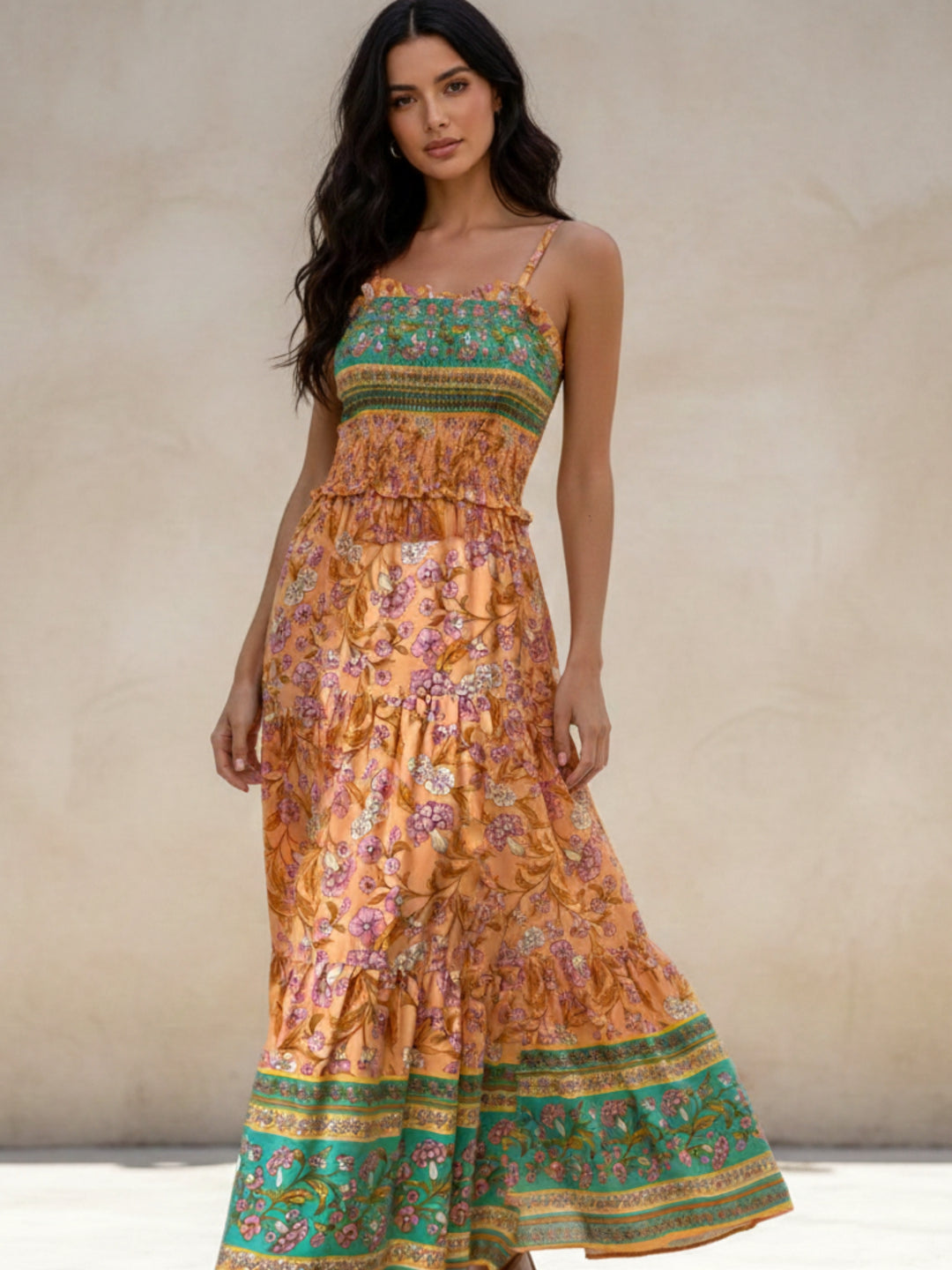 Orange Spaghetti Strap Printed Tiered Dress
