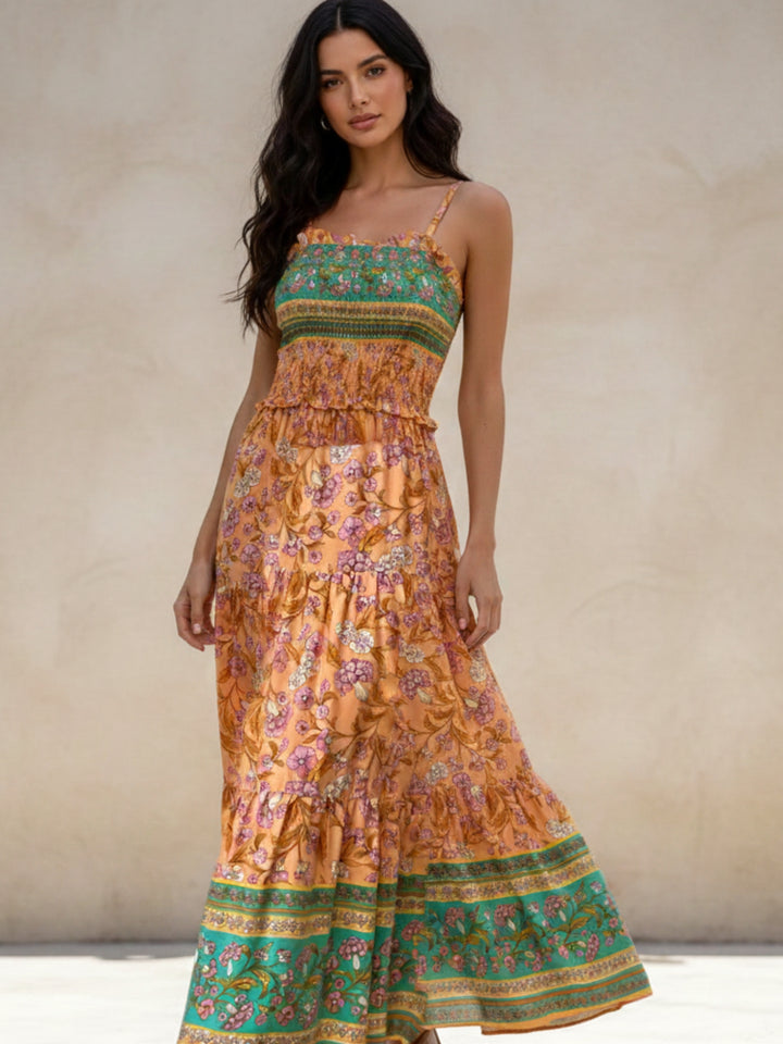 Orange Spaghetti Strap Printed Tiered Dress