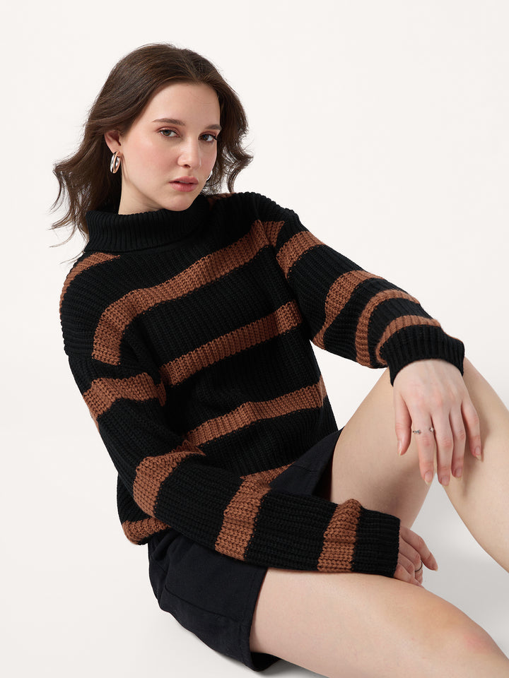 Black High Neck Striper Sweater
