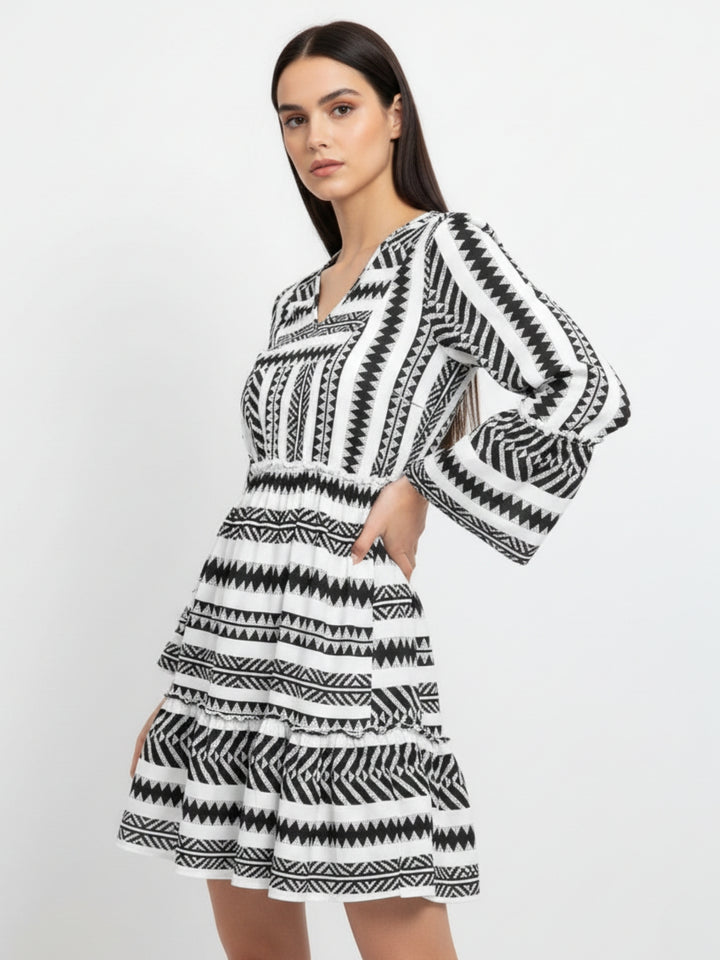 Multi Geometric Printed V Neck Dress