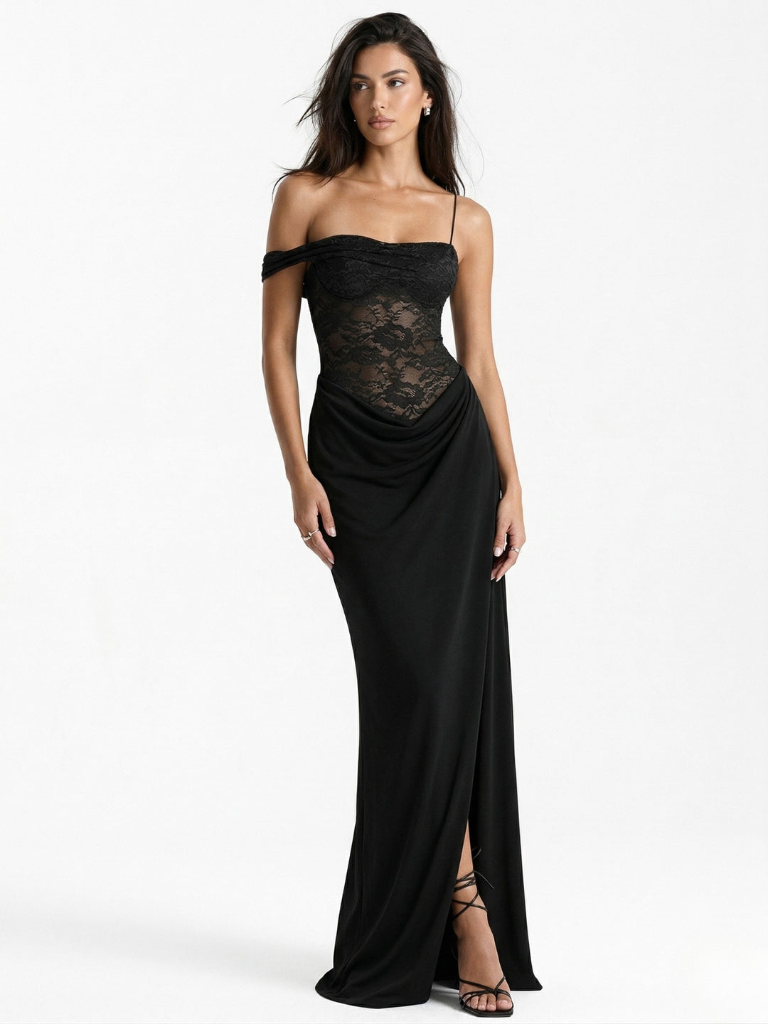 black lace one shoulder dress Jasmine Cut Out One Shoulder Dress in Black Lace – Style Cheat main image 0