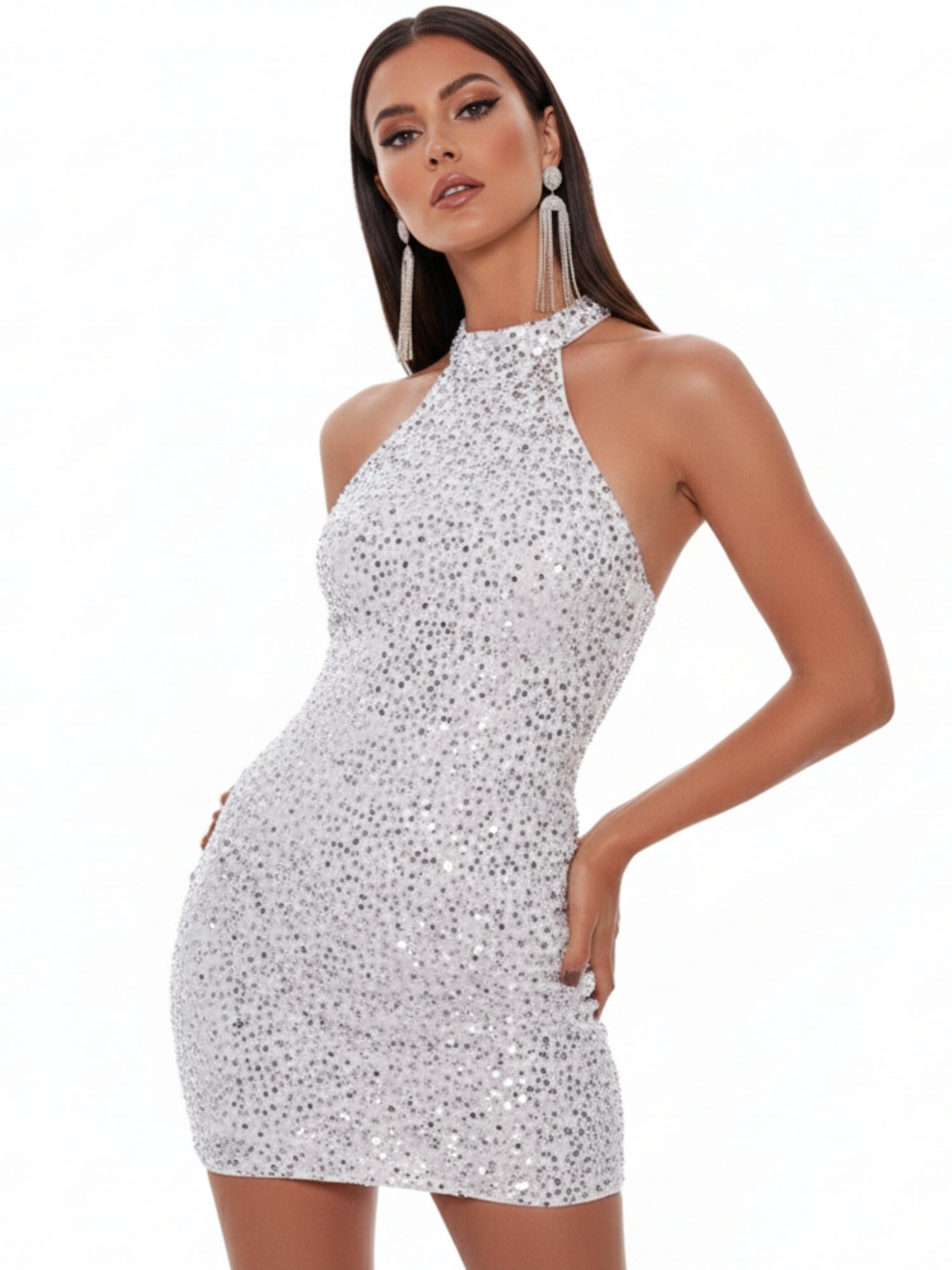 White Halter Neck Sequined Fitted Dress