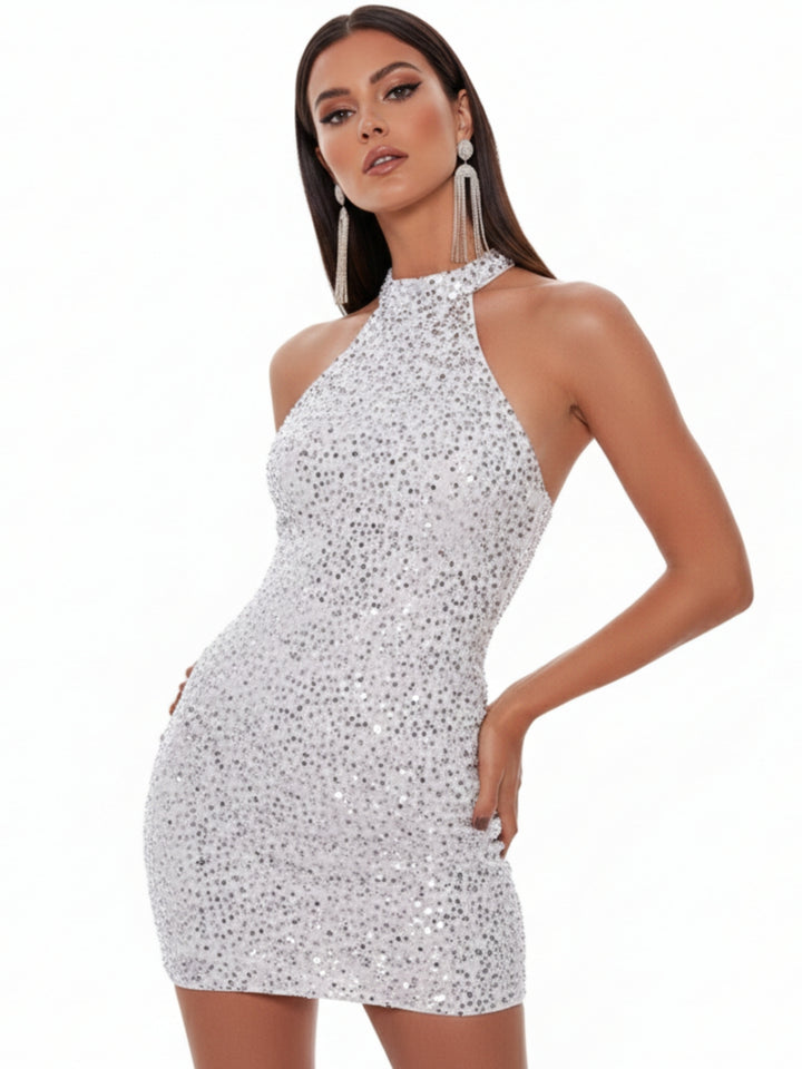 White Halter Neck Sequined Fitted Dress
