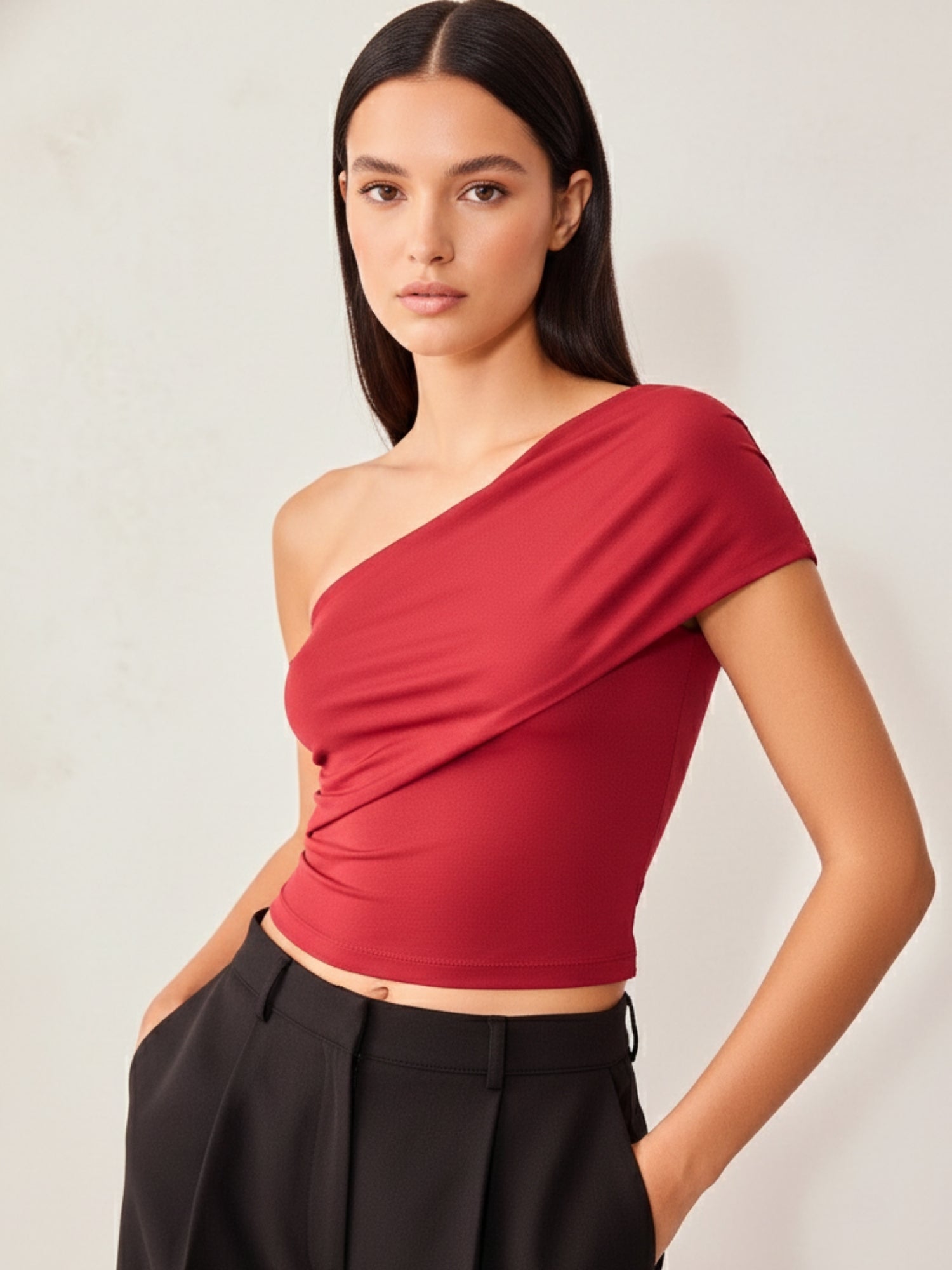 Red Textured One Shoulder Knit Top