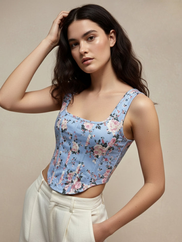 Blue Shoulder Strap Floral Printed Corset Top