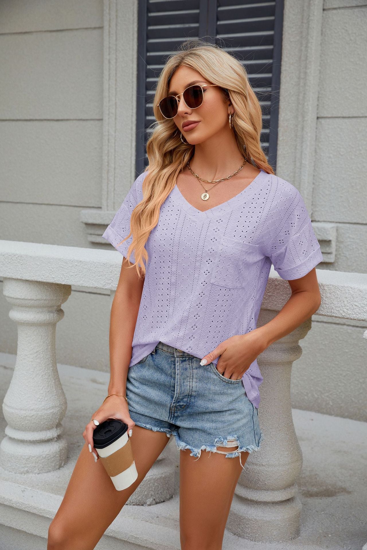 Lilac Short Sleeves V Neck Top