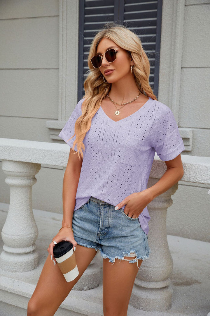 Lilac Short Sleeves V Neck Top