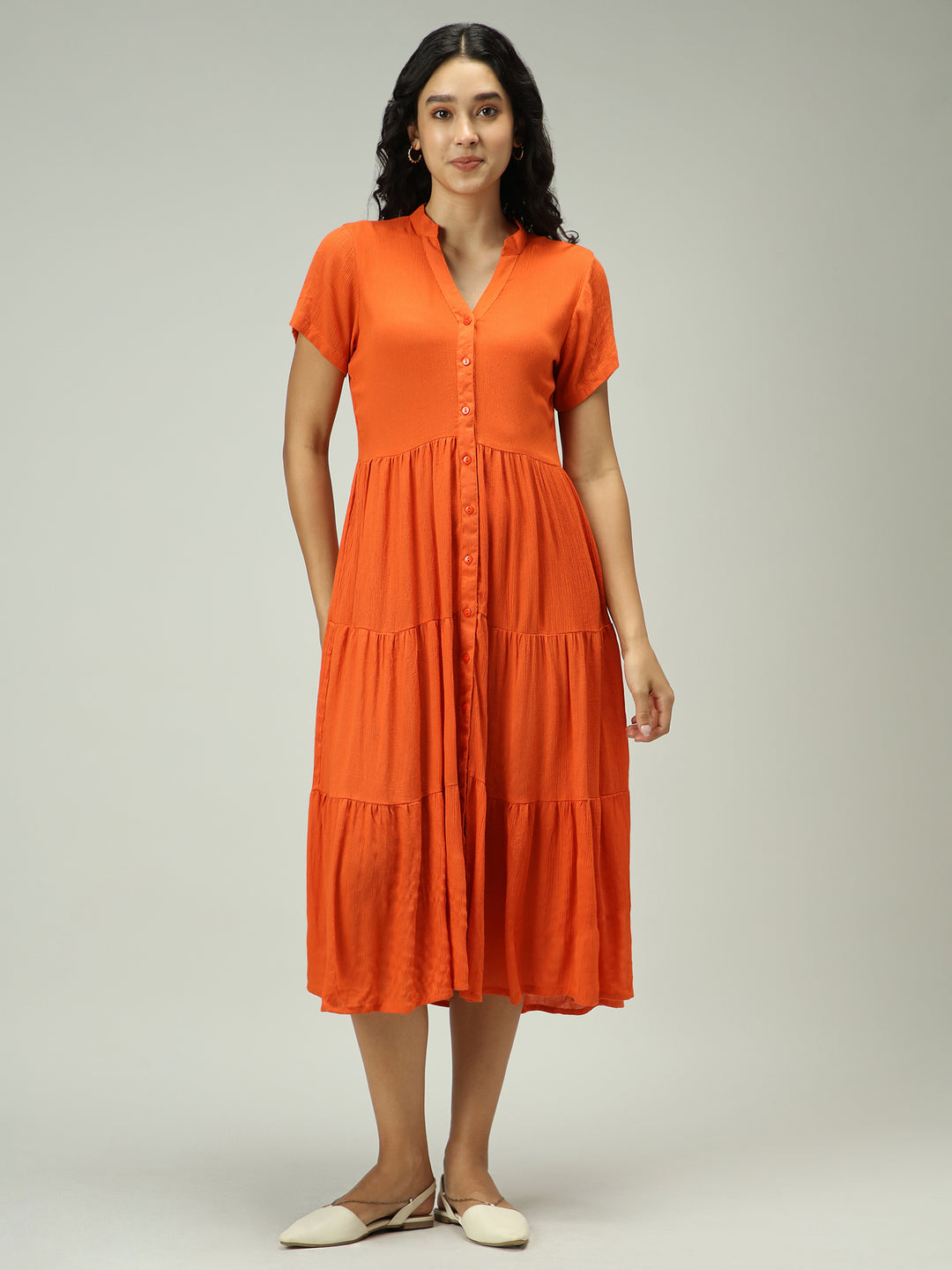 Rust Button Down Tiered Midi