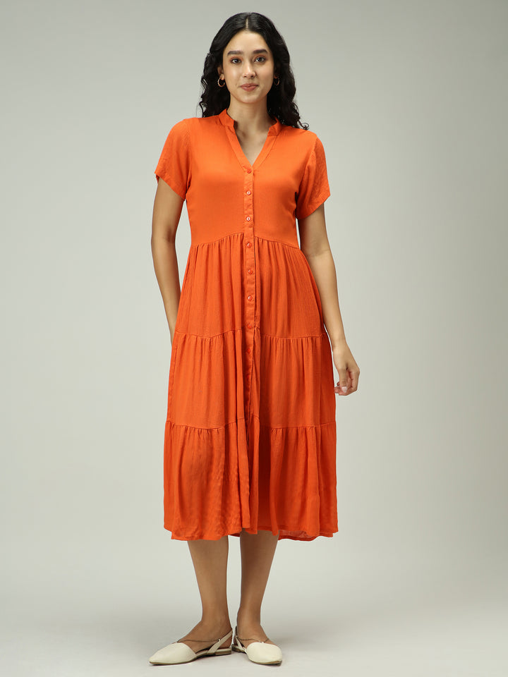 Rust Button Down Tiered Midi