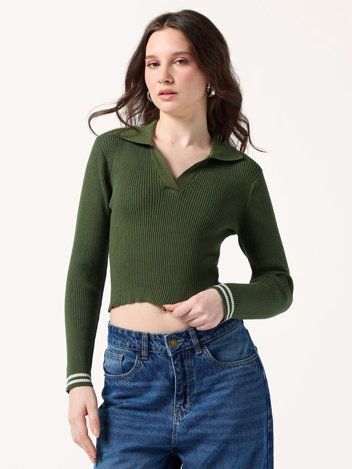 Oilve Contrast Tipping Polo Flat Knit Top