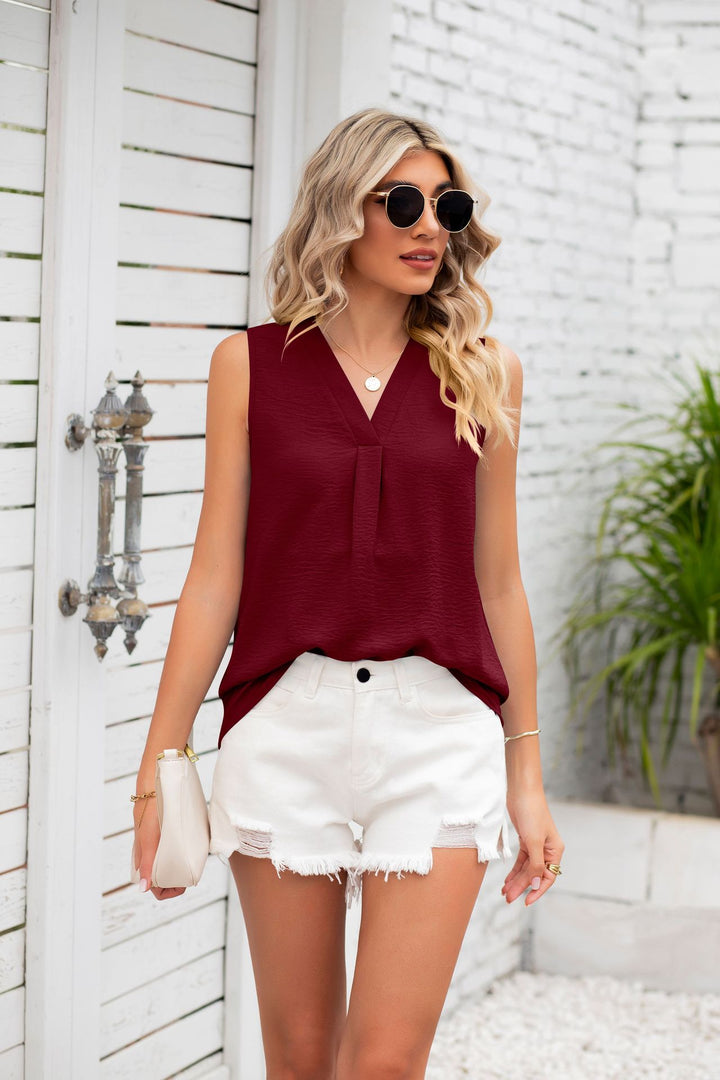 Maroon Sleeveless V Neck Solid Top