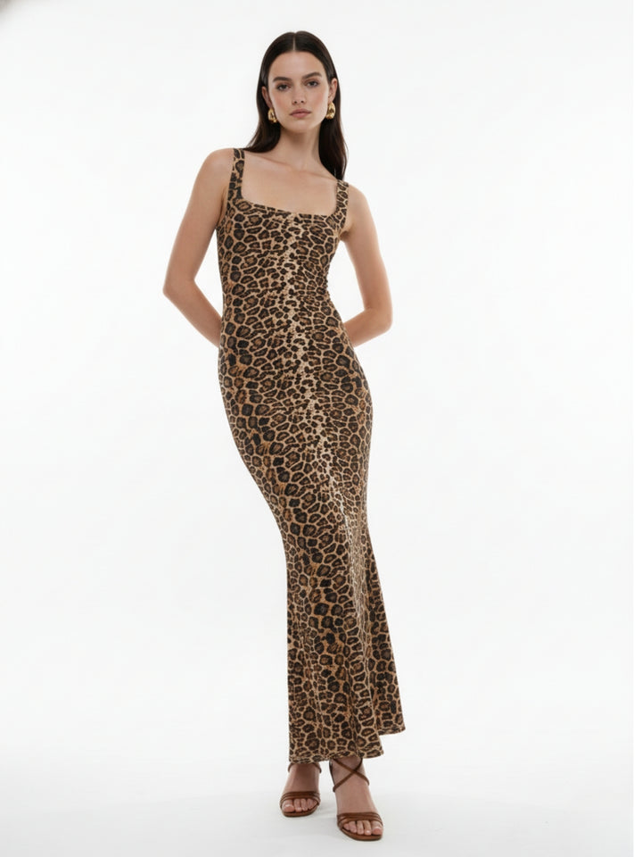 Brown Shoulder Strap Animal Print Dress