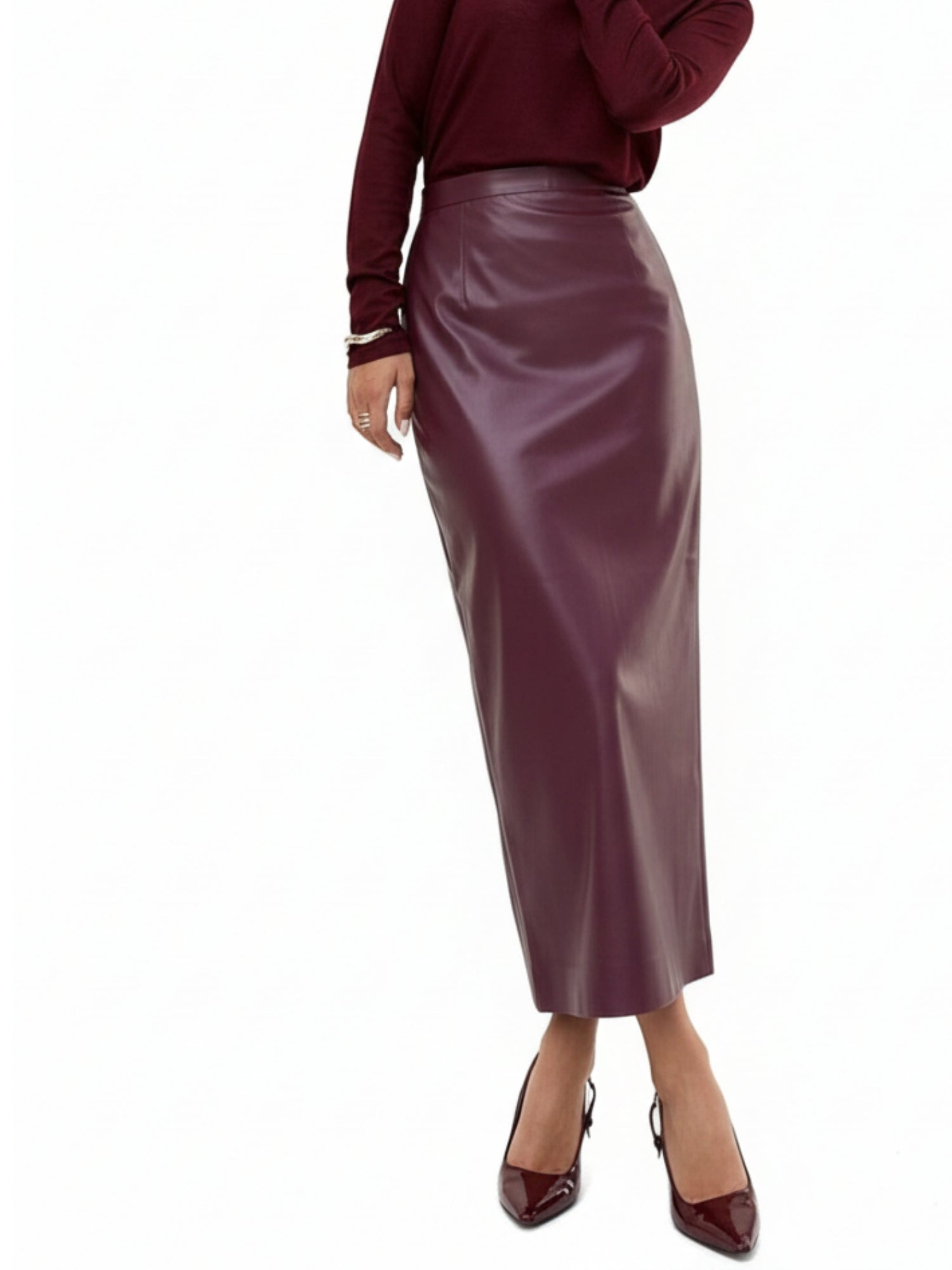 Burgundy High Waist Fitted Pu Skirt
