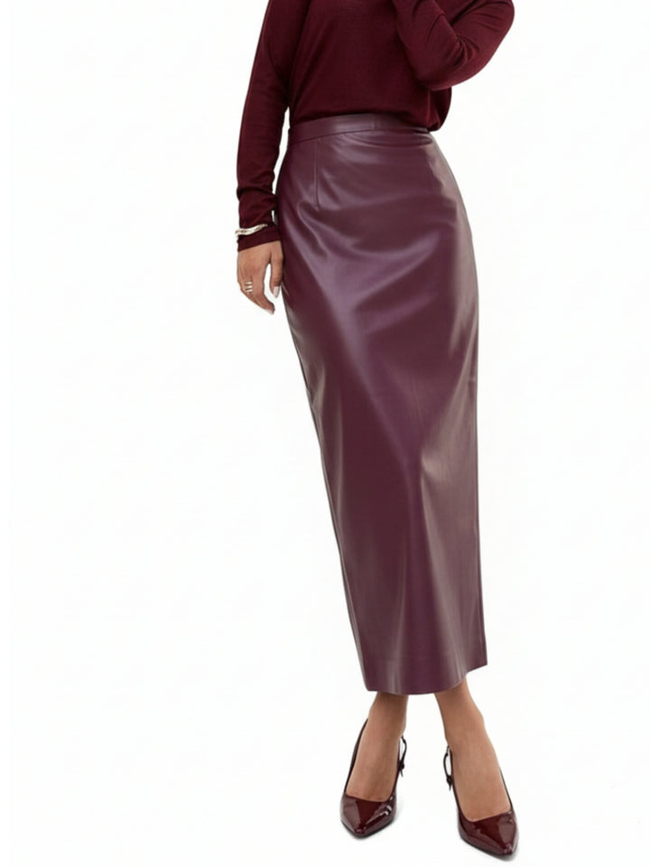 Burgundy High Waist Fitted Pu Skirt