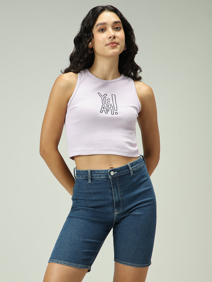 Beige Solid Embroidered Tank Top